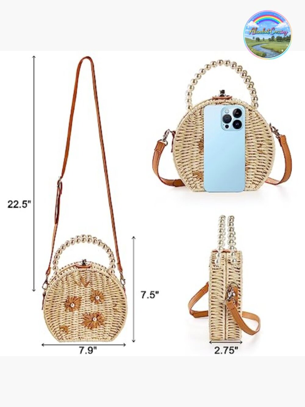 Handwoven Round Rattan Straw Crossbody Bag with Pearl Handle - Boho Summer - Picture 4 of 7